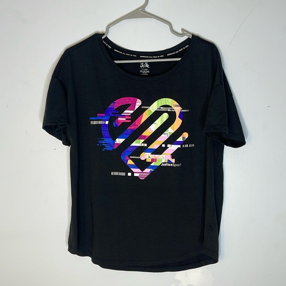JUSTICE Black Multicolored Graphic Short Sleeve Scoop Neck Top Size XL Plus - Picture 1 of 7